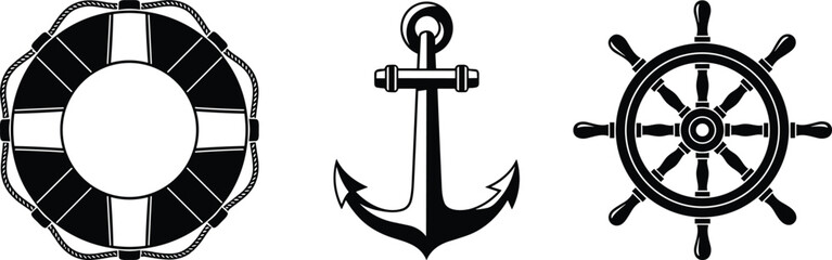 Set of vector nautical icons featuring lifebuoy anchor and ship steering wheel black silhouettes isolated on a white background for marine design. © Sagar Creative