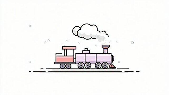 A cartoon train with a red carriage and purple engine chugging along the tracks, viewed from the side in a minimalist style