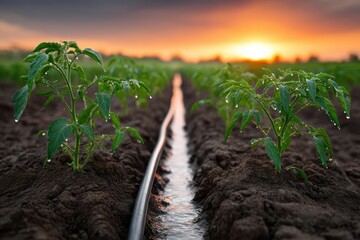 Plants growing in field row of plants cultivated and flourishing in an outdoor agricultural setting