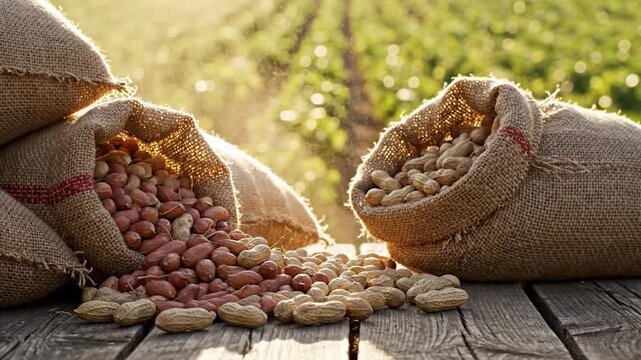 Peanut Harvest - Burlap Sacks Overflowing with Freshly Harvested Peanuts in a Rural Setting.