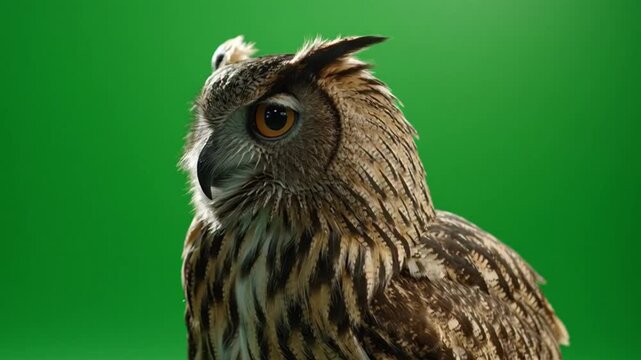 A close-up shot of an owl perched against a vibrant green background in a studio setting as seen from a slight angle in video (116).mp4