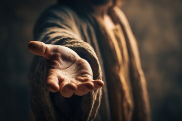 Hand of Jesus Christ reaching out for help and support on dark blurred background concept of faith hope and divine salvation
