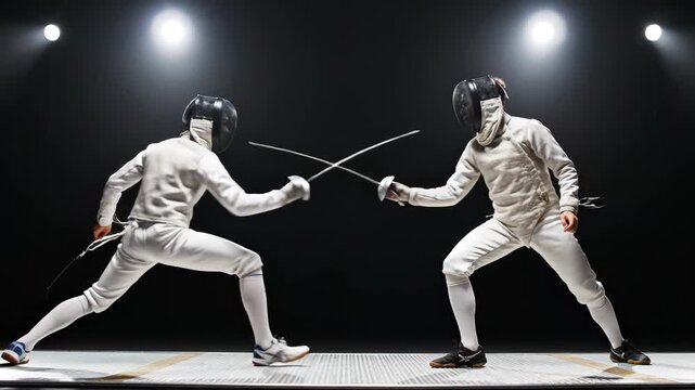 Two fencers in white gear competing