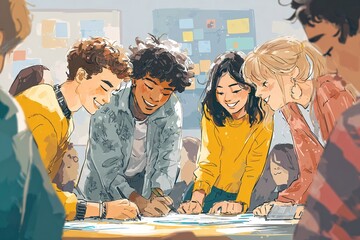 Group of happy young students working together on creative project in classroom teamwork modern education and friendship concept illustration