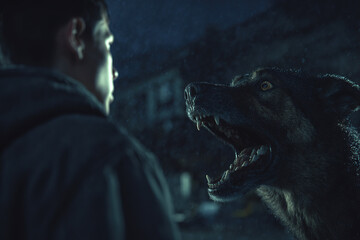 Aggressive dog snarling and barking at a person at night concept of animal attack street danger and fear realistic dramatic lighting