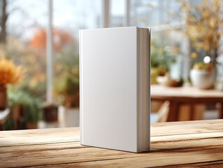 Blank white hardcover book mockup on wooden table in modern cozy cafe with blurred background and natural light from window
