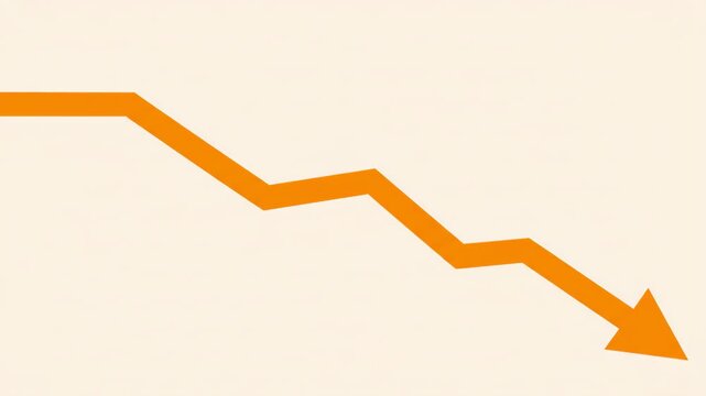 Orange financial graph with arrow showing initial minor and then continuous significant fall. Declining trend line concept. Data visualization of decrease.