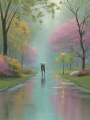 Scenic spring park in rain with blooming pink and yellow trees couple walking under umbrellas along wet alley watercolor style