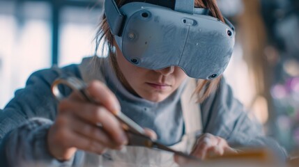 Focused medium shot of a learner adjusting layer cutting movements using a virtual reality headset detailed scissors in action against a soft blurred backdrop.