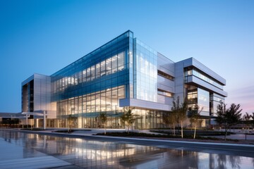 Obraz premium Contemporary office building featuring a glass facade reflecting the dusk sky and surrounding environment