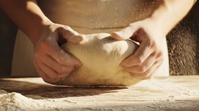 Person kneading dough on wooden surface