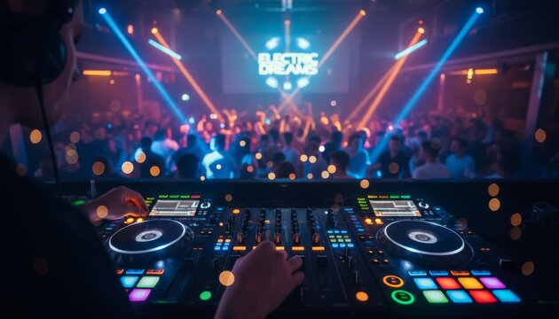 Dj Console And Crowd Under Lights, Spinning Electronic Set For Packed Audience During Press Launch, Hands On Mixer And Turntables, Colorful Beams And Strobes Cutting Through Smoky