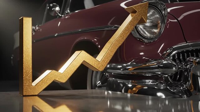 Gold arrow graph pointing upward over classic car. Rising trend for automotive sales and business success. Car industry growth.