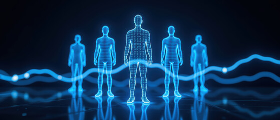 Digital human figures illuminated in blue, representing technology and data visualization. scene conveys futuristic and innovative atmosphere