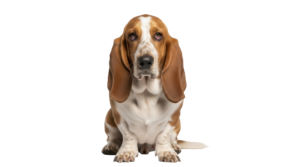 Adorable Basset Hound puppy sitting isolated PNG, cute dog with long ears on transparent background for pet-related designs