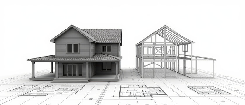 Modern house design architectural blueprint construction exterior residential building framework home layout engineering