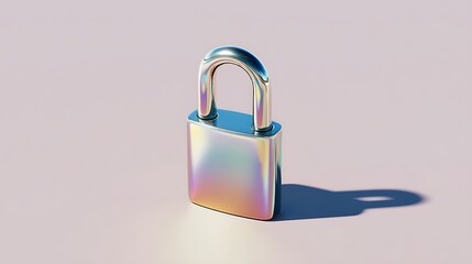 Glossy chrome padlock with iridescent finish casts a shadow on a soft, monochromatic background