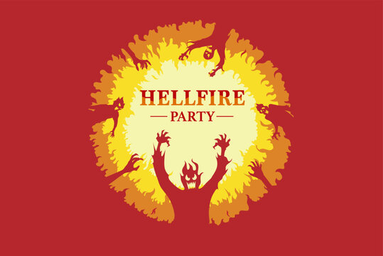 Hellfire circle with featuring demons and hands rising from flames, designed in a bold fantasy and horror style. The underworld, dark supernatural energy, perfect for posters perfect for posters.