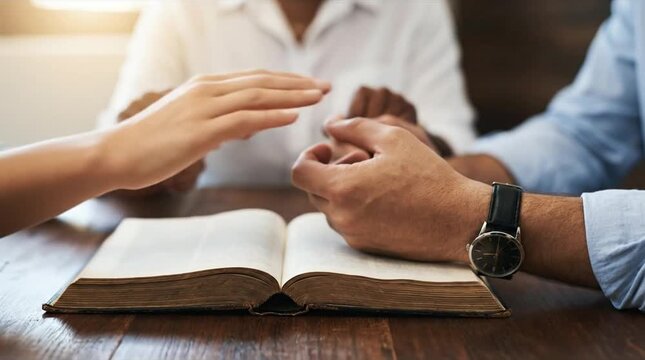 Diverse Hands United in Prayer Over an Open Bible on a Wooden Table, Reflecting Faith, Spiritual Community, and Devotion
