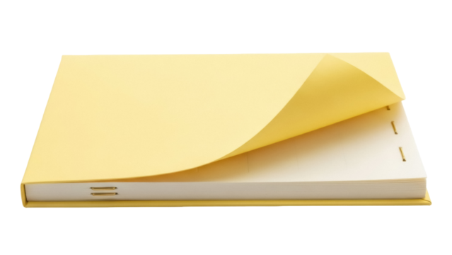 Yellow binder with blank pages isolated on transparent background, open notebook for office or school supplies PNG - Powered by Adobe