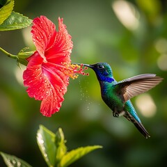 Obraz premium Hummingbird feeding on vibrant pink hibiscus flower in lush green garden with sunlight
