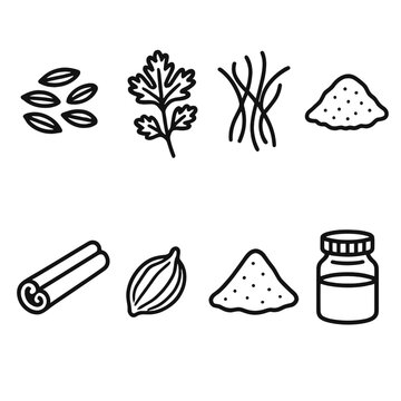 Middle Eastern Spices Icons. Middle Eastern Spice set in outline vector style: cumin seeds, coriander sprig, saffron threads, sumac pinch, cinnamon stick, cardamom pod, turmeric mound, spice jar