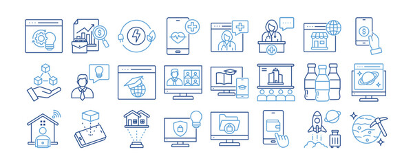 Business Trend icon collection. Containing design, Automation Solutions, Predictive Analytics, Green Energy, Wellness Tech, Telemedicine