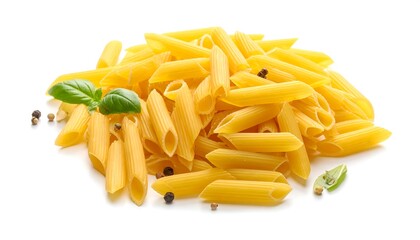 Penne Pasta Pile with Basil and Pepper on White Background.