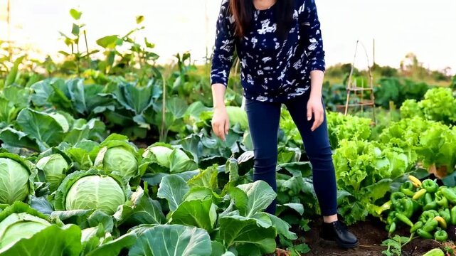 Woman farmer tending to a bountiful cabbage patch in a lush garden.