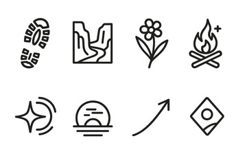 Wilderness Adventure Icons. Wild Wander Spirit set in outline vector style: rugged boot print, canyon line, wildflower, campfire spark, star trail, open horizon, adventurous arc, roaming symbol