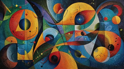 Fototapeta premium Abstract oil painting composition in cubism and surrealism style with vibrant geometric shapes circles and textured brushstrokes