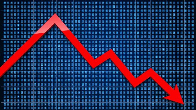 Three red falling financial graphs showing business crisis and stock market decline against blue data board background for investment analysis