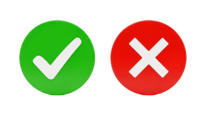 Green check mark and red cross mark isolated PNG, right and wrong choice symbols on transparent background, approval and rejection icons