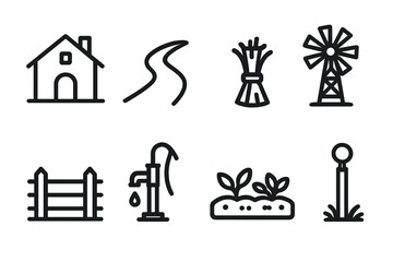 Farmhouse Icons Set. Rural Life set in outline vector style: farmhouse silhouette, dirt road, windmill, wooden fence, water pump, hay bundle, vegetable patch, country lane marker
