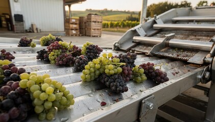 Obraz premium Medium shot of a conveyor belt carrying clusters of grapes into sorting equipment on a winery crush pad highlighting efficient mechanical handling in the vineyard.