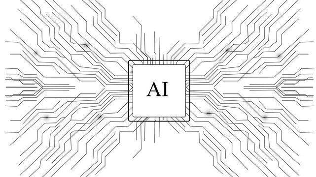 Abstract Animation Of An Artificial Intelligence Core With Circuit Lines Radiating Outward  on white background. Data Processing Neural Networks,  Computing Power And Advanced Technology.