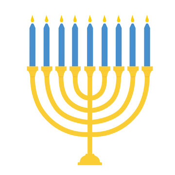 Jewish Hanukkah menorah candlestick. Traditional holiday candle holder isolated on white background. Hanukkah menorah lights illustration. Vector
