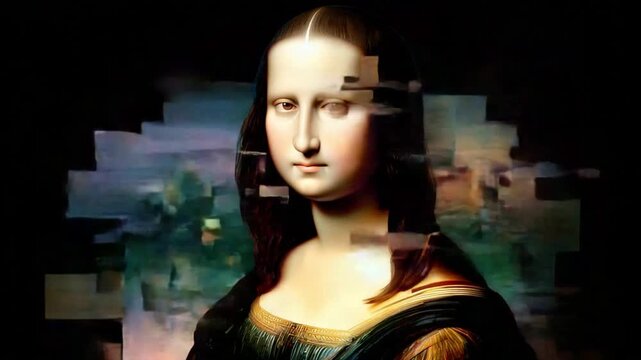 A modern reinterpretation of a classic masterpiece, showcasing the essence of the Mona Lisa through a captivating blend of digital distortion and artistic expression.