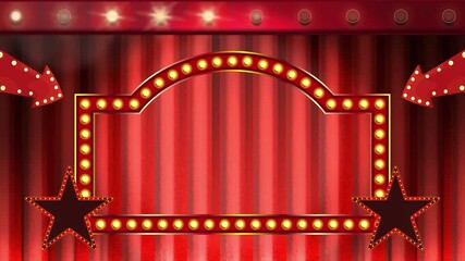Retro Theater Stage with Red Velvet Curtains, Glowing Marquee Light Frame and Neon Stars Background.