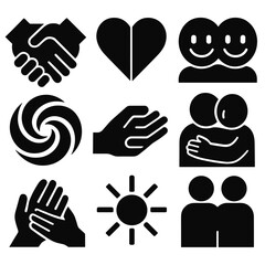 Fototapeta premium Emotional Connection Icons. Emotional Connection icon set in silhouette bold style. Contain intertwined hands, shared heart symbol, smiling faces, gentle