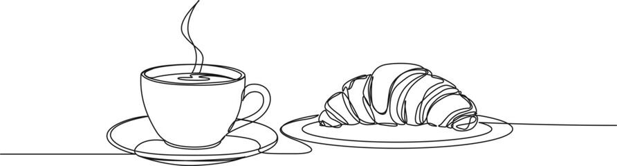 continuous line drawing of cup of coffee and croissant on plate, breakfast line art vector illustration