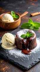 Warm, gooey chocolate lava cake with vanilla ice cream, mint garnish on a slate plate against a dark textured backdrop