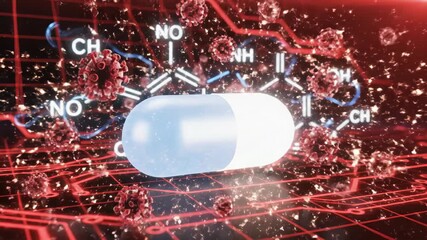 Abstract Digital Illustration Depicting Coronavirus Molecules Surrounding a Pharmaceutical Capsule on a Red Circuit Board Grid Background - Powered by Adobe