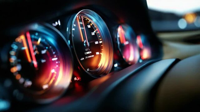 Dynamic Close-Up of Vehicle Dashboard Gauges Displaying Speedometer, Tachometer, and Gear Indicators with Colorful Ambient Lighting in a Modern Automotive Interior