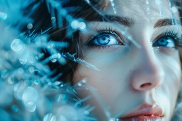 Fototapeta premium Winter Beauty. Beautiful Fashion Model Girl portrait with frozen Snow ice pieces. Neural network ai generated art