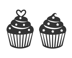 Cupcake Silhouette with Topping for Birthday and Celebration Designs. Stylized Black and White Cupcake with Heart. Sweet Delight for Valentines Day. Vector Icon