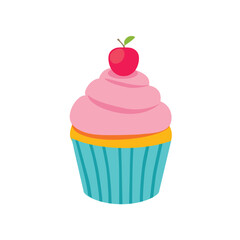 Delicious cupcake, icon. Birthday cupcake with cherry on top isolated on white background. Celebration Dessert. Vector illustration