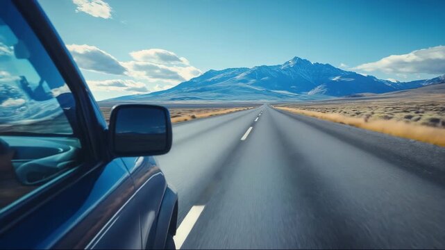 Driving along a straight road through a wide plain with mountains in the background on a sunny day