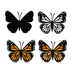 Monarch butterflies set, isolated on white background. Butterfly icon collection. Vector illustration.