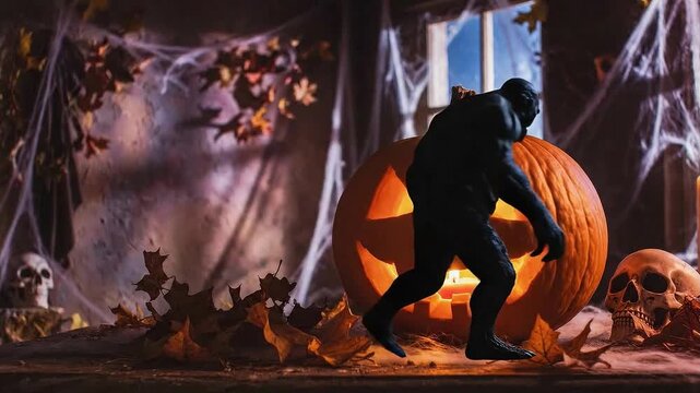 A person carving a large pumpkin in a spooky autumnal setting with cobwebs and skulls around.